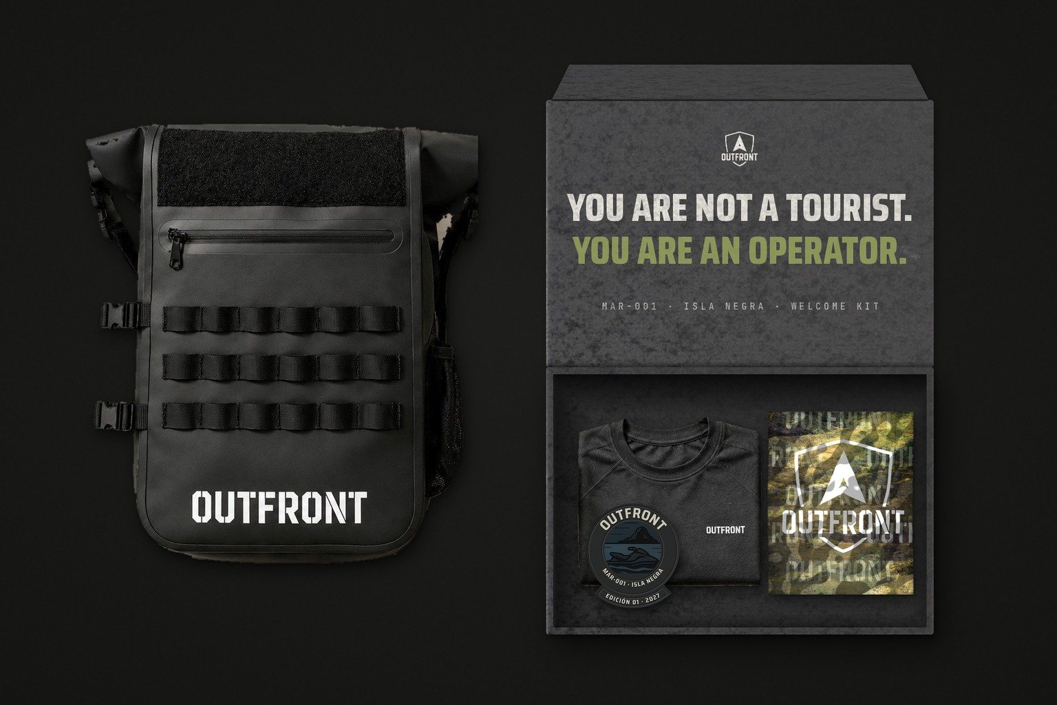 OUTFRONT Welcome Kit: Field Pack backpack and open box with T-shirt, camo neck gaiter and MAR-001 patch