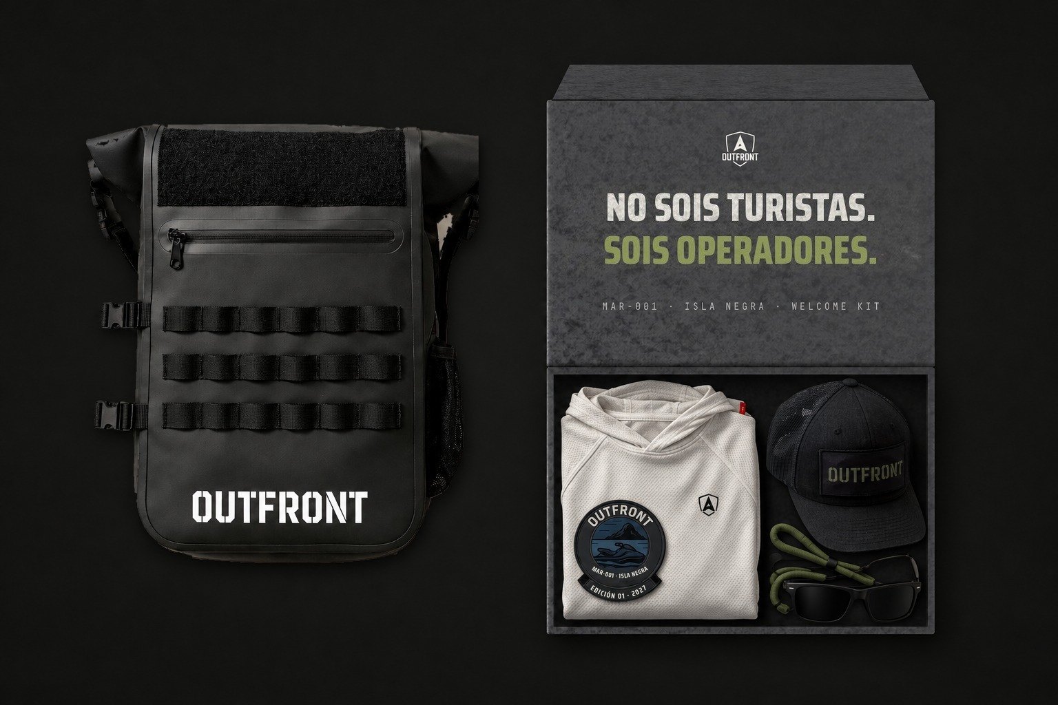 Welcome Kit OUTFRONT: caja abierta con camiseta técnica, gorra, cinta para gafas y parche MAR-001, y mochila Field Pack